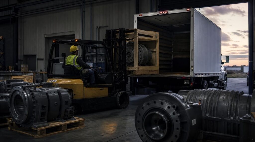 Forklift loading a crated machine part into a box truck at a plant loading dock