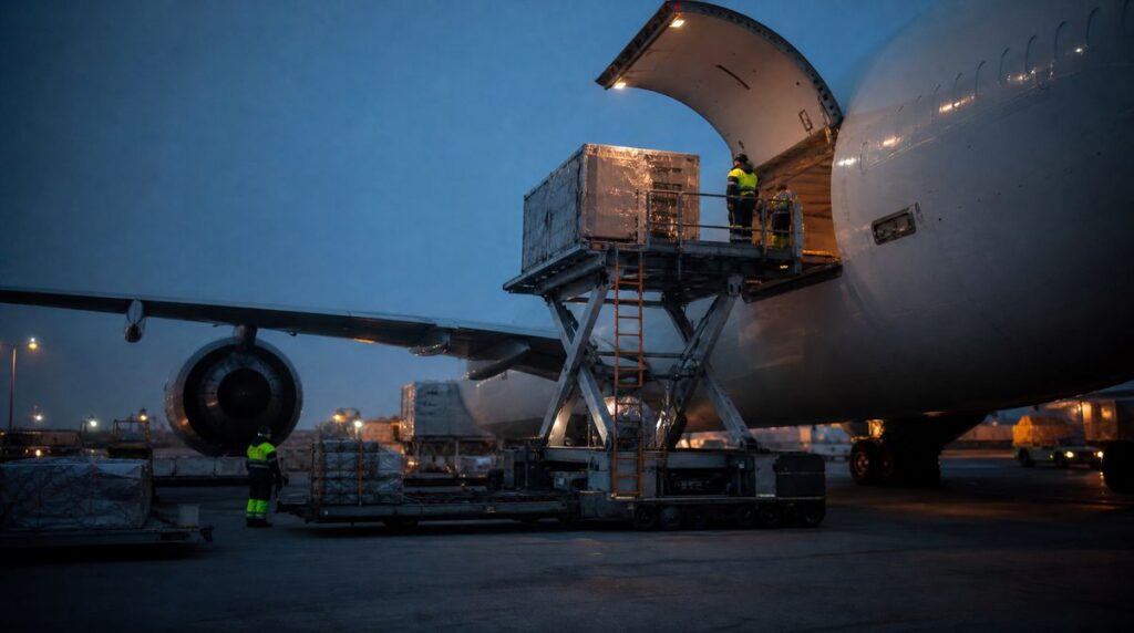 Ground crew loading a crated shipment into a cargo aircraft on a scissor lift at dusk