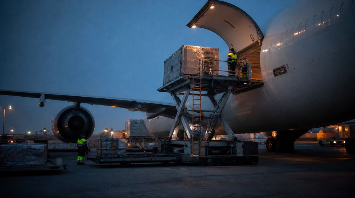 An aircraft on the ground waiting for one missing part