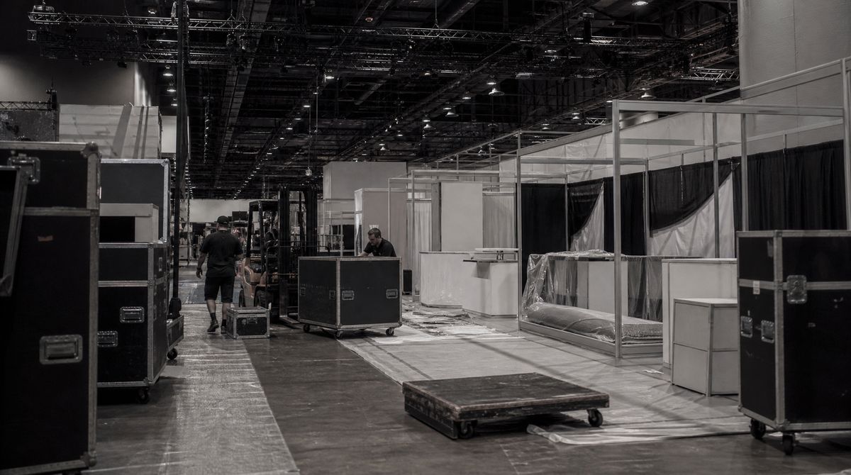 Booth freight arriving at a convention center move-in dock