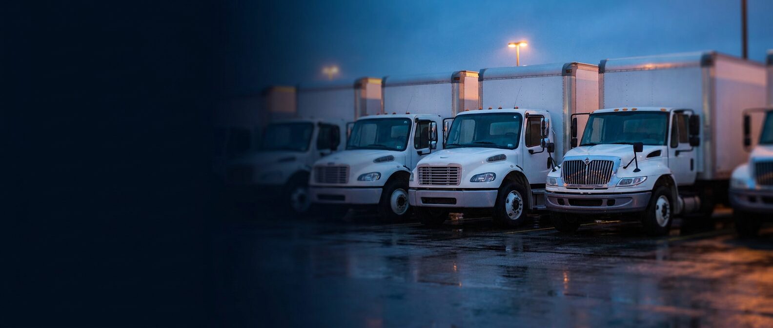 Row of white box trucks parked at a wet loading yard under lot lights