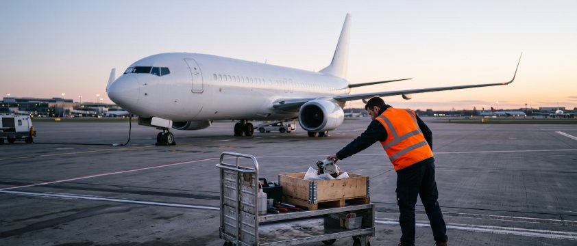 Ground handler in a hi-vis vest loading a crated aircraft part onto a baggage cart beside a parked airliner at dusk