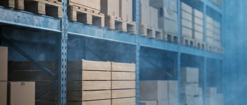 Warehouse racking of pallets and wooden crates, where a line-down part is recorded as being in stock