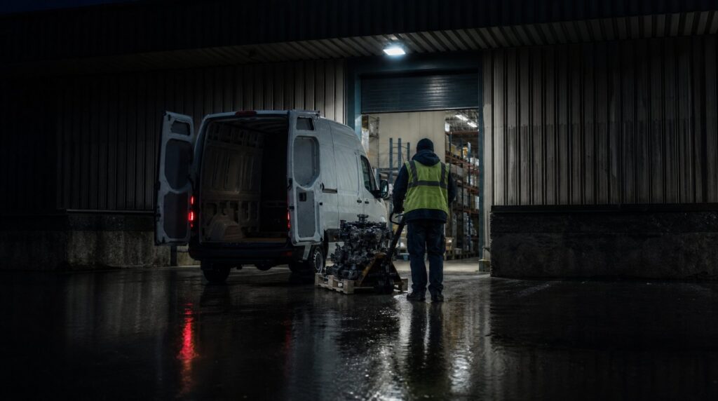 Sprinter van backed to a parts distributor loading dock at night while a pallet is wheeled out to it