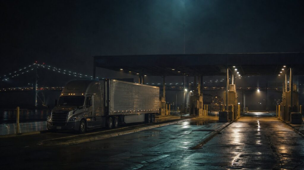 Dry van tractor-trailer waiting in a commercial lane at an international border crossing at night
