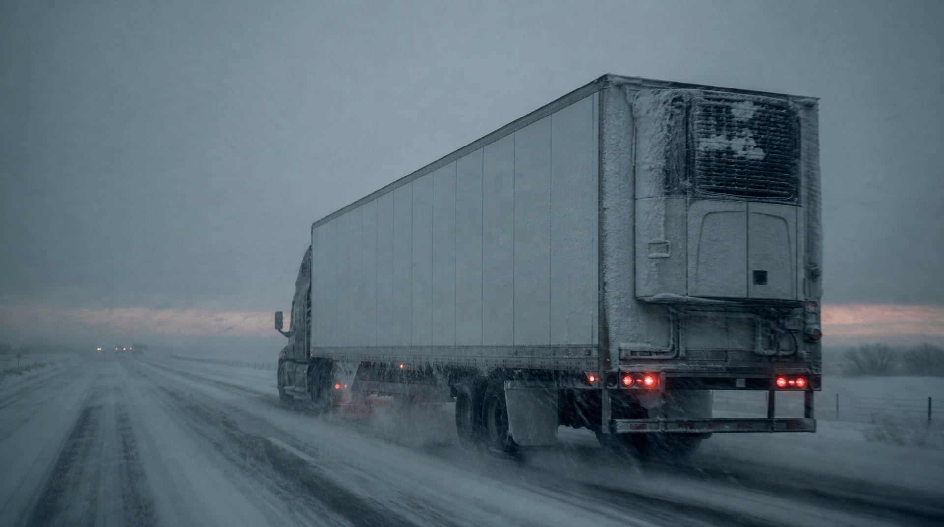 Refrigerated trailer running on a snow-covered interstate in blowing snow at dawn