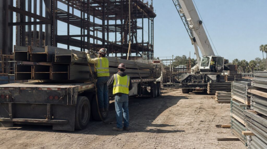 Flatbed loaded with structural steel I-beams on a job site with a mobile crane set up beside it