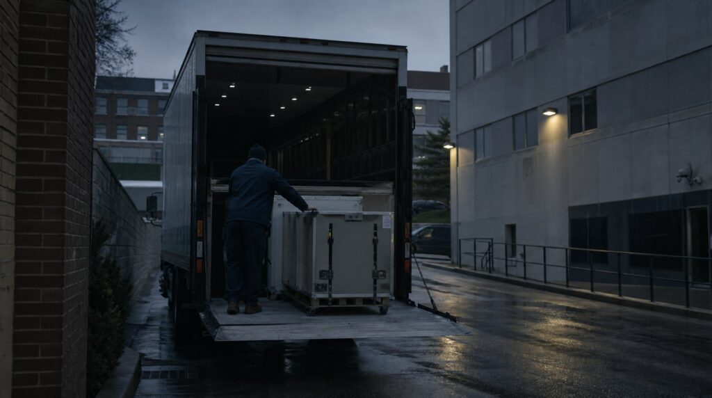 Straight truck with its liftgate lowered at a hospital service entrance at first light, an equipment crate on the platform