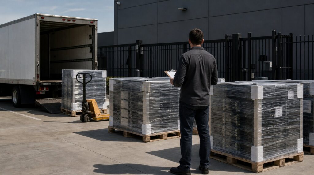 Shrink-wrapped pallets of rack-mount networking hardware staged at a data center receiving dock in daylight