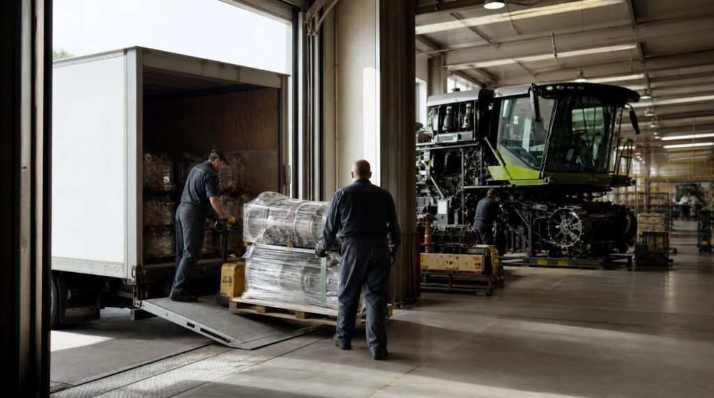 Palletized machined components coming off a truck at a plant receiving bay next to an assembly line