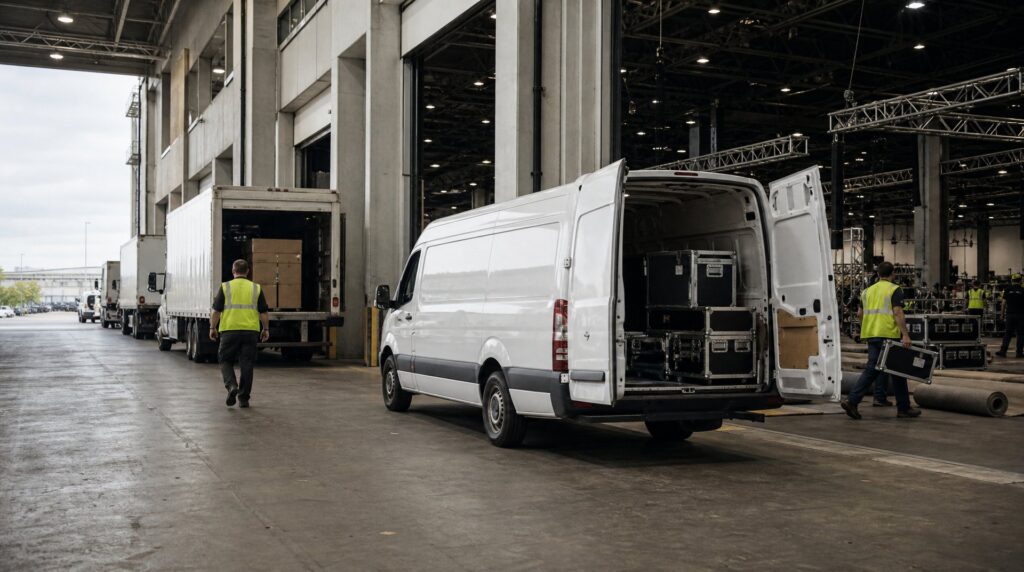 Cargo van queued behind other vehicles at a convention center dock during exhibition move-in, road cases in the open rear doors