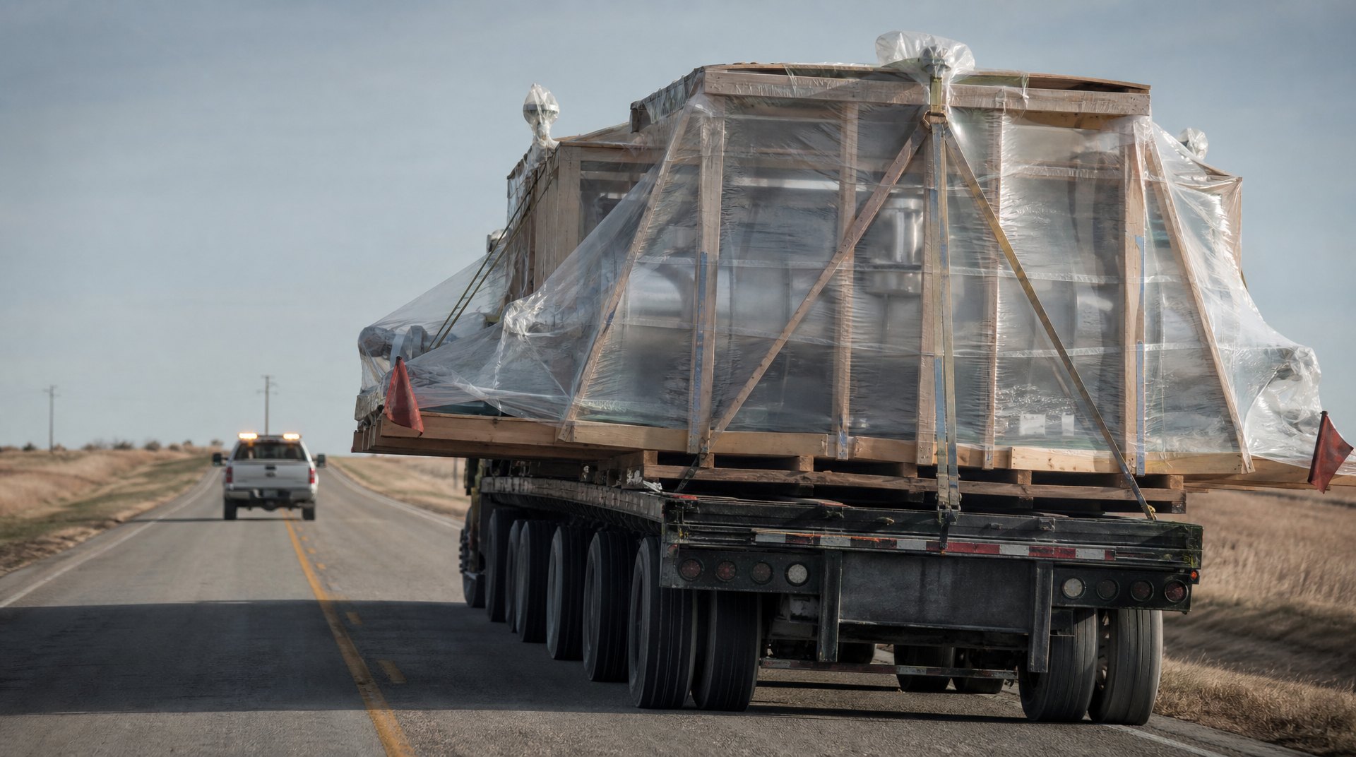 Wide crated industrial equipment on a flatbed on a rural highway with an escort pickup running ahead