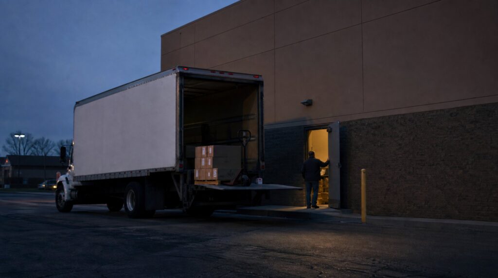 Straight truck with its liftgate lowered at a retail store receiving door in the evening, cartons stacked on the platform